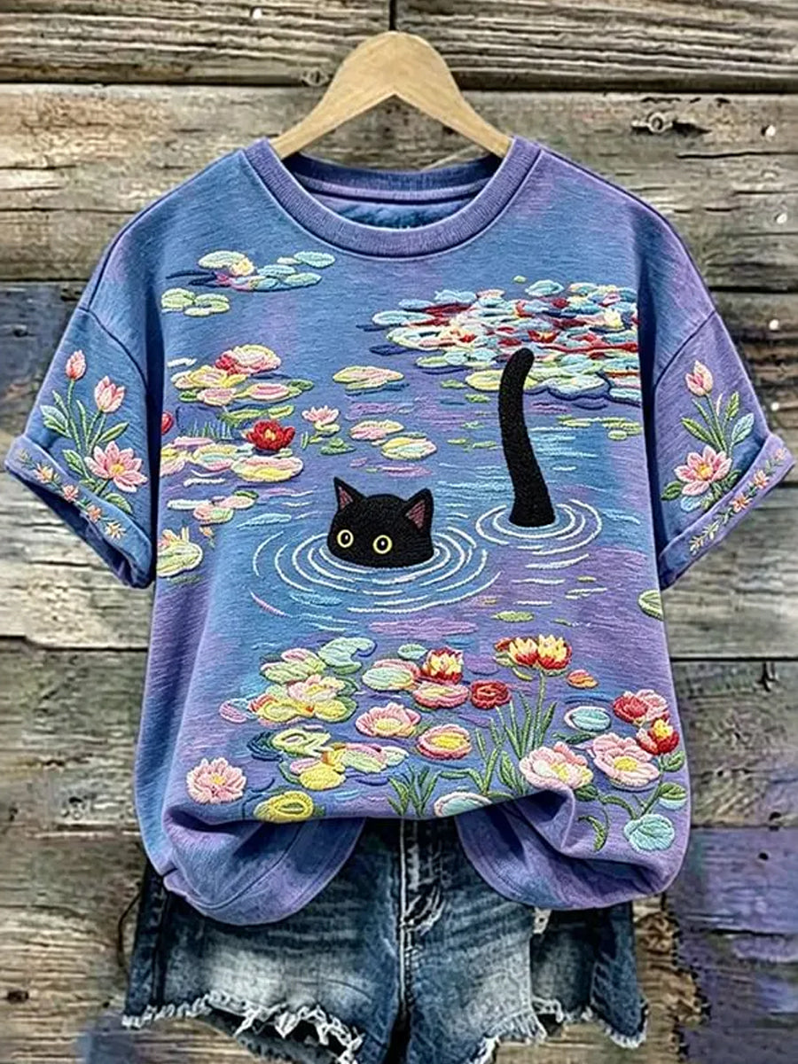 Women's Cute Flower Cat Short Sleeve T-shirt