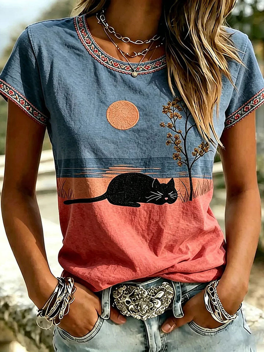 Women's Cat Print Casual T-shirt