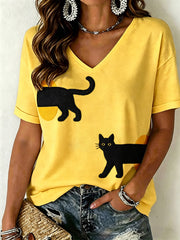 Women's Cat Pattern V-Neck T-Shirt