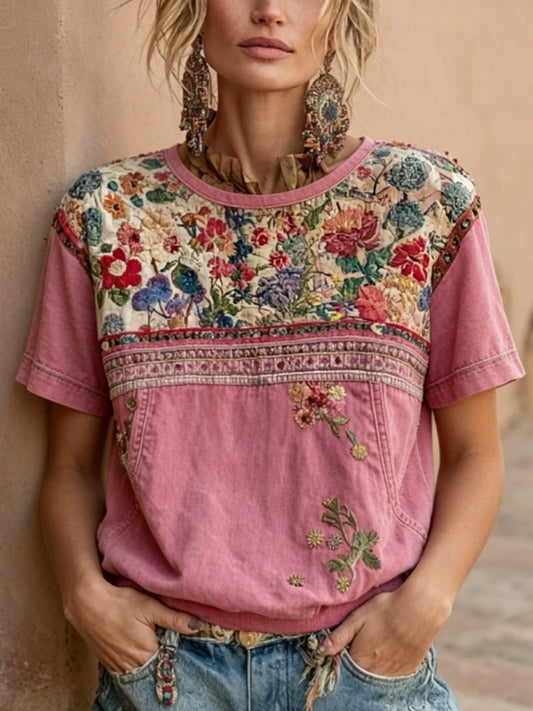 Women's Vintage Bohemian Floral Embroidery Patchwork Art Round Neck Short Sleeve Linen Blend T-shirt