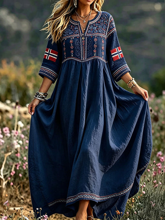 Women's Scandinavian Style Norway Art Printed Linen Dresses