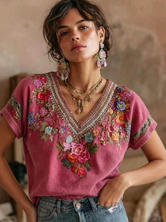 Women's Bohemian Floral Embroidery Patchwork Art V-neck Short Sleeve Linen Blend T-shirt