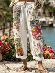 Women's Bohemian Floral Embroidery Art Contrast Color Linen Blend Casual Pants