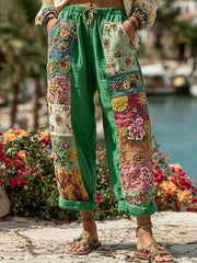 Women's Bohemian Floral Embroidery Art Contrast Color Linen Blend Casual Pants