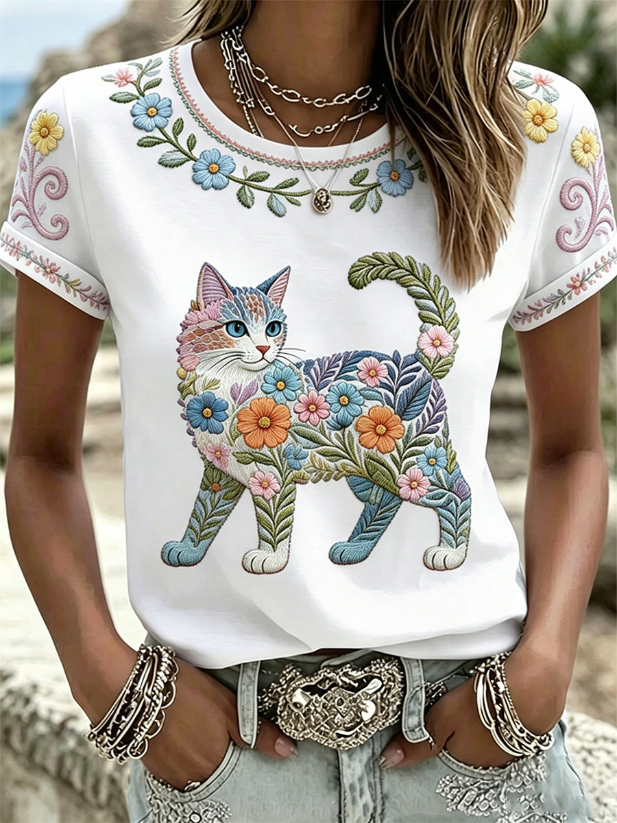 Women's Floral Cats Print Casual Tee