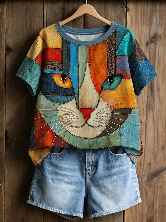 Women's Vintage  Cat Face Colorblock Patchwork  Art Cotton Linen Short Sleeve Top