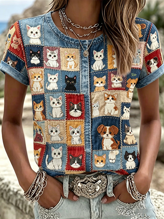 Women's Vintage Cat And Dog Art Color-block Cotton Linen Crew Neck Short Sleeve T-shirt