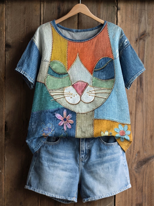 Women's Vintage Cat Face & Flowers Colorblock Patchwork Art Cotton Linen  Short Sleeve Top