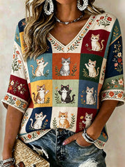 Women's Plants And Flowers Cute Cat Print Casual T-shirt
