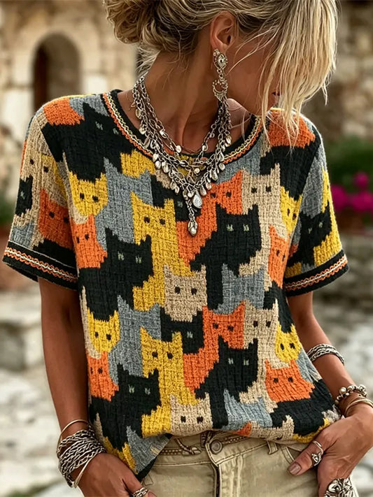 Women's Vintage Cats Colorblock Art Linen Round Neck Short Sleeves Top