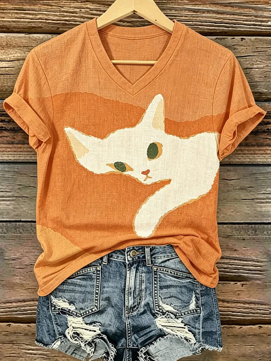 Women's Cat Art Print Casual T-Shirt