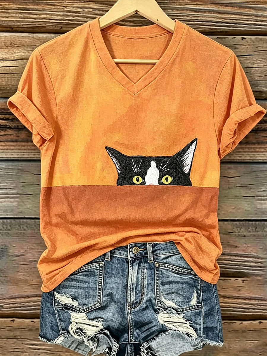 Women's Cat Art Print Casual T-Shirt
