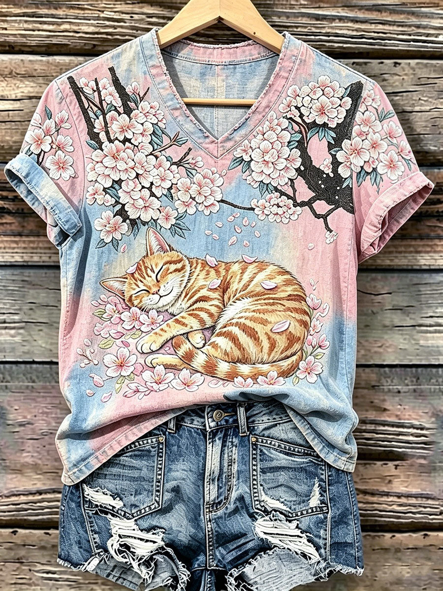 Women's Cat Art Print Casual T-Shirt