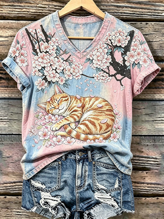 Women's Cat Art Print Casual T-Shirt