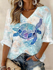Women's Sea Turtle World Ocean Day Printed Waffle T-shirt