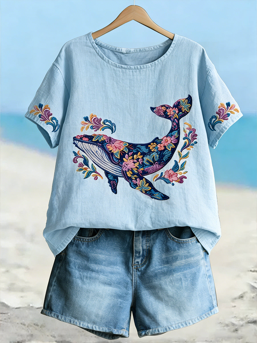 Women's Whale Floral Art Linen Short Sleeves T-shirt