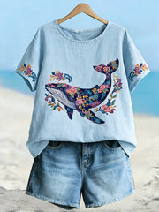 Women's Whale Floral Art Linen Short Sleeves T-shirt