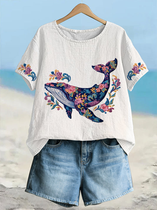 Women's Whale Floral Art Linen Short Sleeves T-shirt
