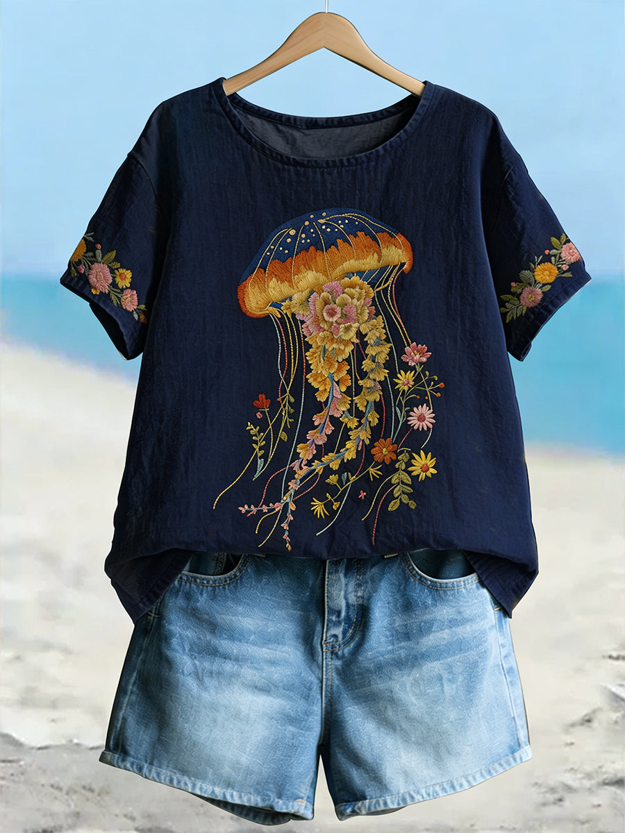 Women's Classy Floral Jellyfish Floral Art  Linen Short Sleeves T-shirt