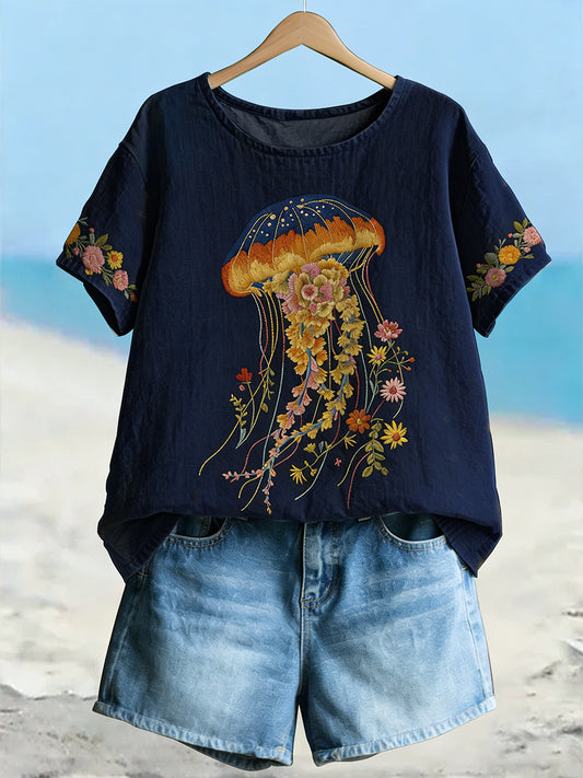 Women's Classy Floral Jellyfish Floral Art  Linen Short Sleeves T-shirt