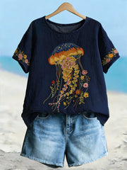 Women's Classy Floral Jellyfish Floral Art  Linen Short Sleeves T-shirt