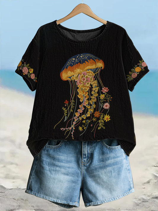 Women's Classy Floral Jellyfish Floral Art  Linen Short Sleeves T-shirt