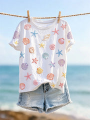 Women's Colorful Starfish Sea Shells Pattern Print short-sleeved T-shirt