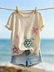 Women's Sea Turtle & Starfish Beach Art Print short-sleeved T-shirt