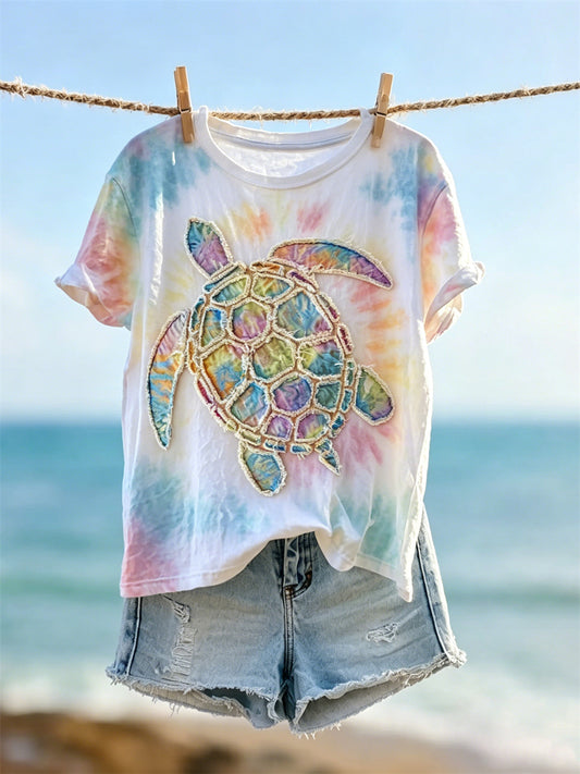 Women's Sea Turtle Print Colorful Tie Dye short-sleeved T-shirt