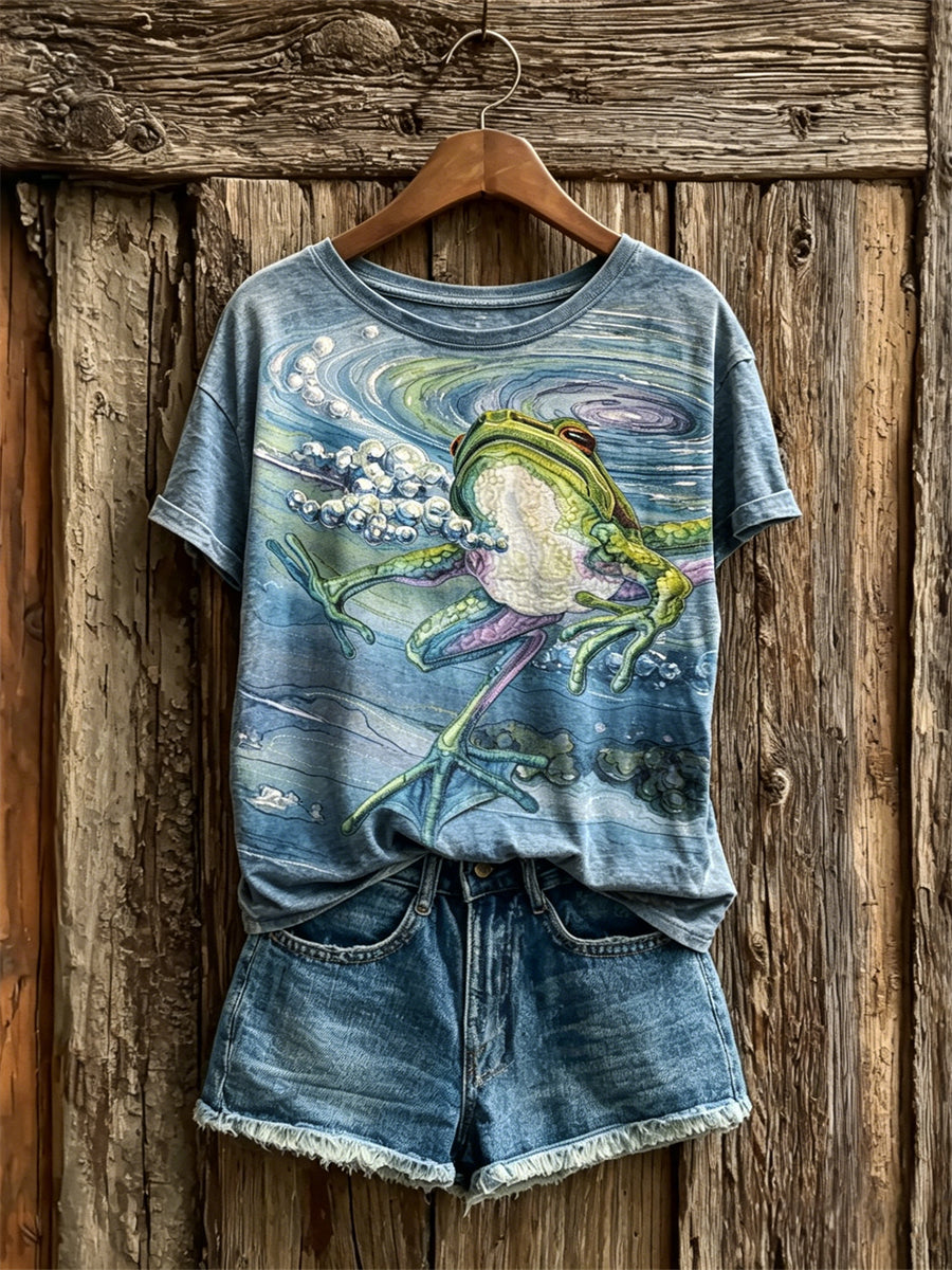 Women's Swimming Frog Art Print short-sleeved T-shirt