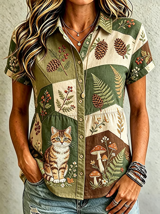 Women's Cute Cat Print Cotton-Linen Shirt