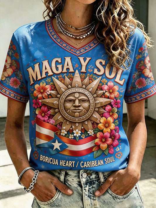 Women's Puerto Rico Pride Taino Art Printed T-shirt