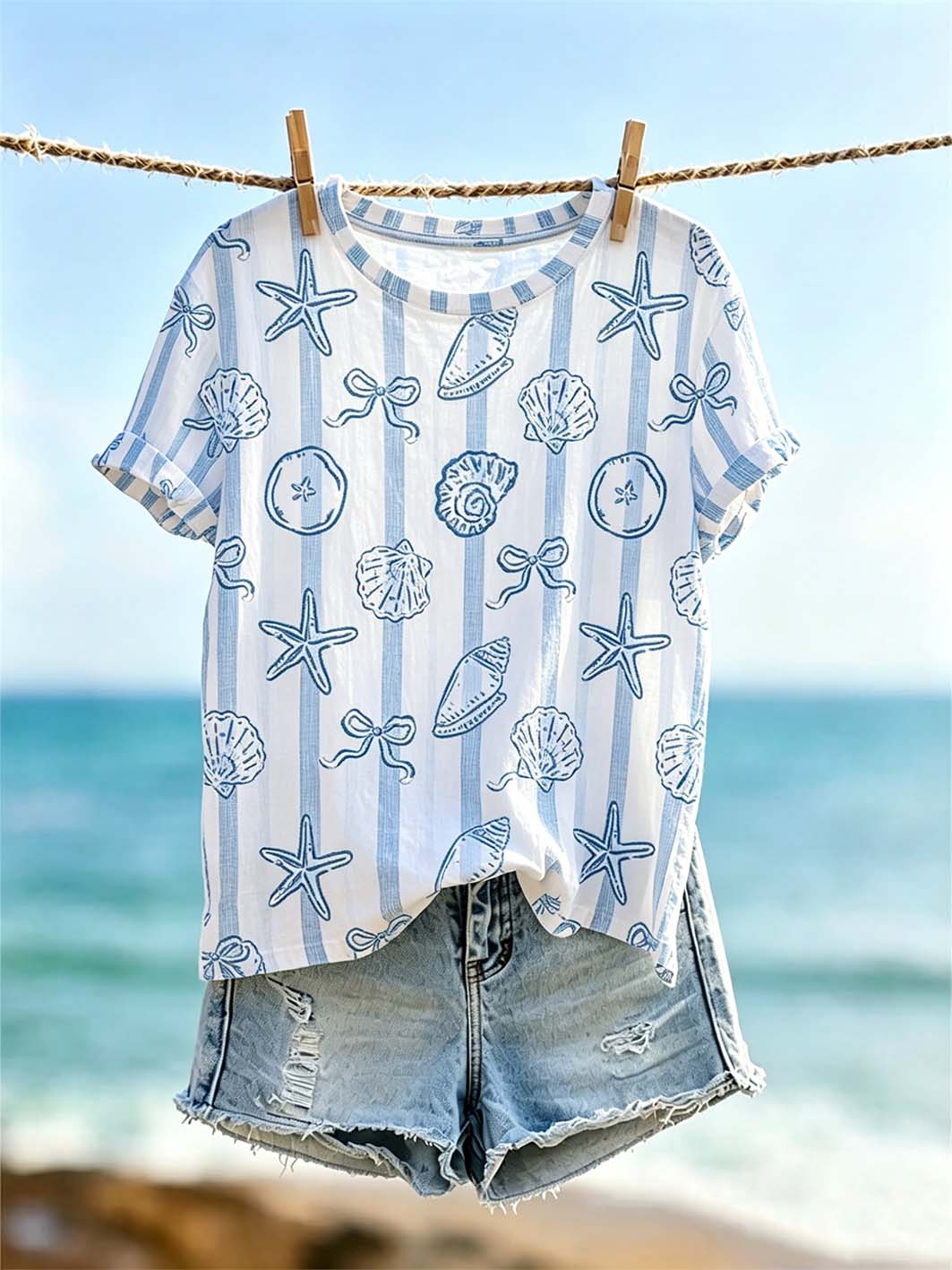 Women's Vacation Ocean Wind Pattern Printed Casual Washed T-shirt