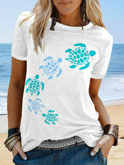 Women's Sea Turtle Print Summer Beach Ocean Vacation Casual Tee