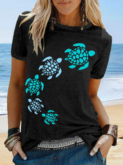 Women's Sea Turtle Print Summer Beach Ocean Vacation Casual Tee
