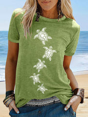 Women's Sea Turtle Print Summer Beach Ocean Vacation Casual Tee
