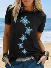 Women's Sea Turtle Print Summer Beach Ocean Vacation Casual Tee