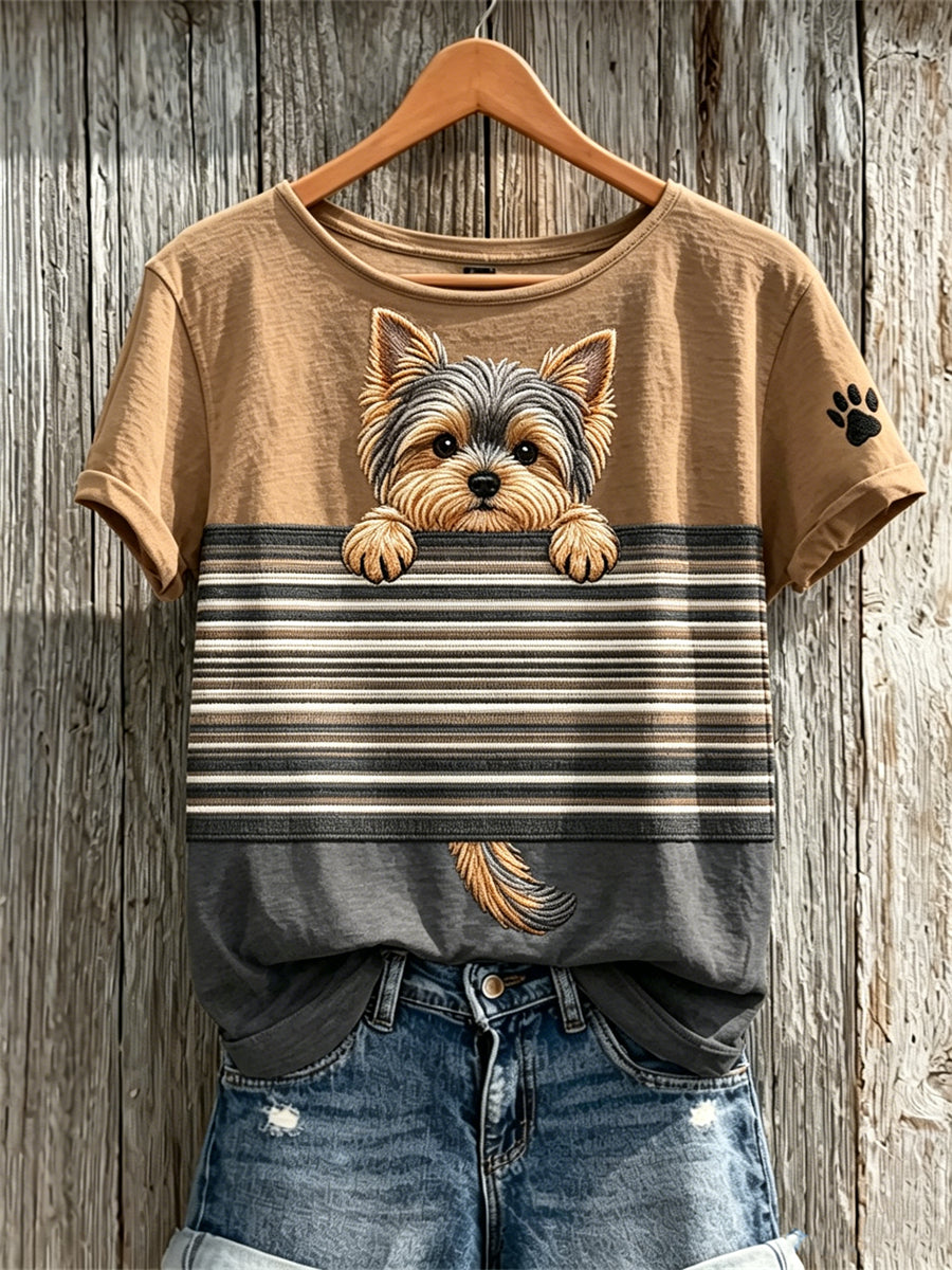 Women's Peeking Yorkshire Dog & Paw Print Colorblock Print short-sleeved T-shirt