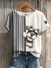 Women's Peeking Schnauzer Dog & Paw Print Colorblock Print short-sleeved T-shirt