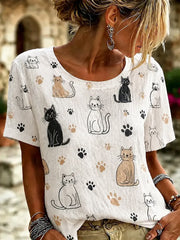 Women's Cute Cat Art Linen Short Sleeves T-shirt