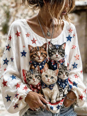 Women's American Flag Cute Animals Cotton-Linen Shirt