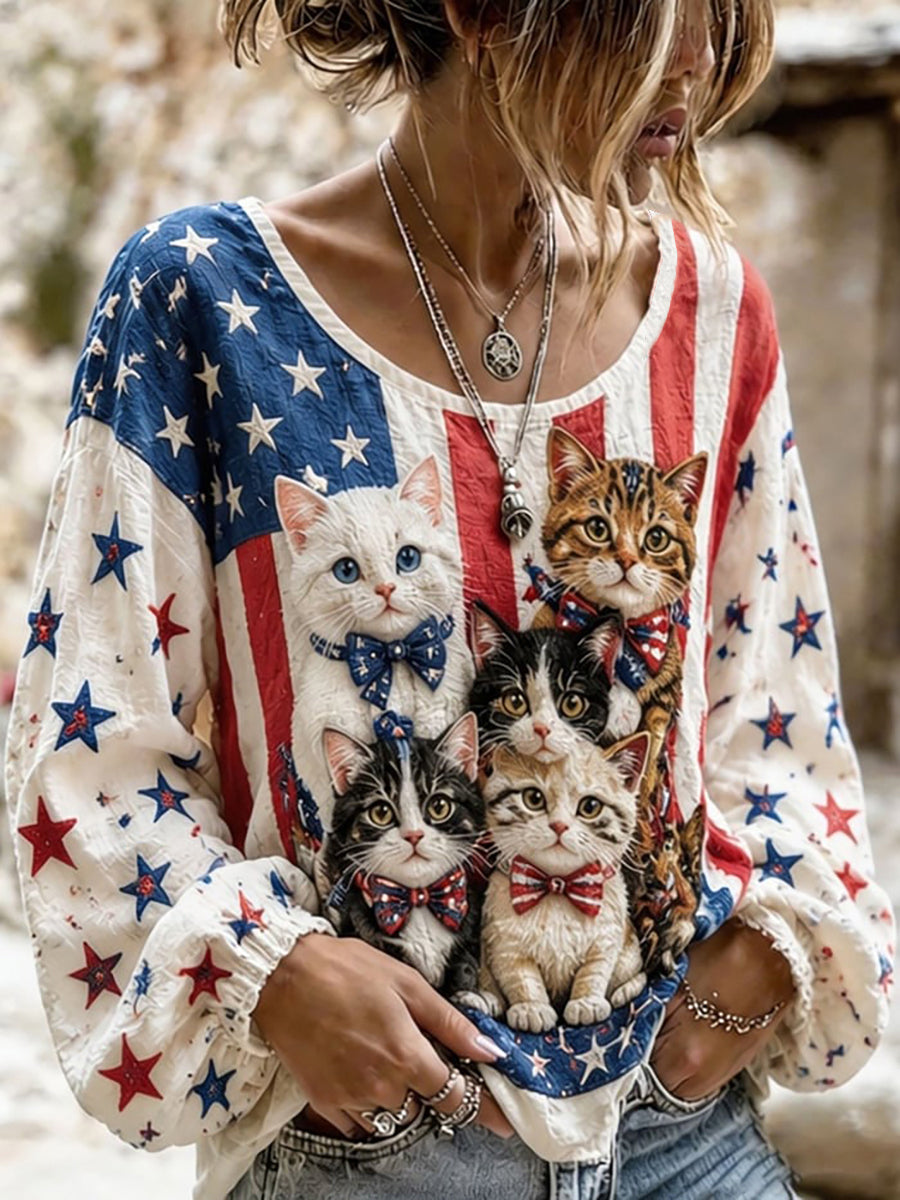 Women's American Flag Cute Animals Cotton-Linen Shirt