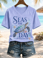 Women's Sea Turtle Print Casual V-Neck Tee