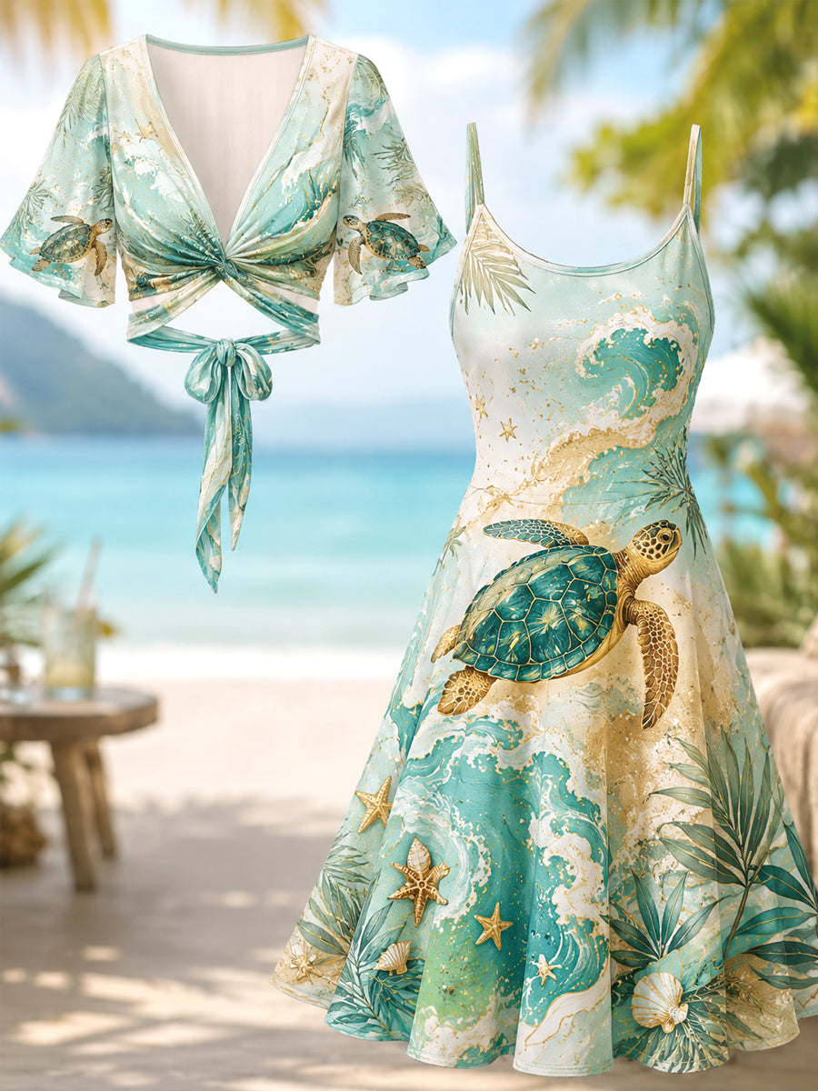 Women's Sea Turtle Print Slip Dress Two Piece Set