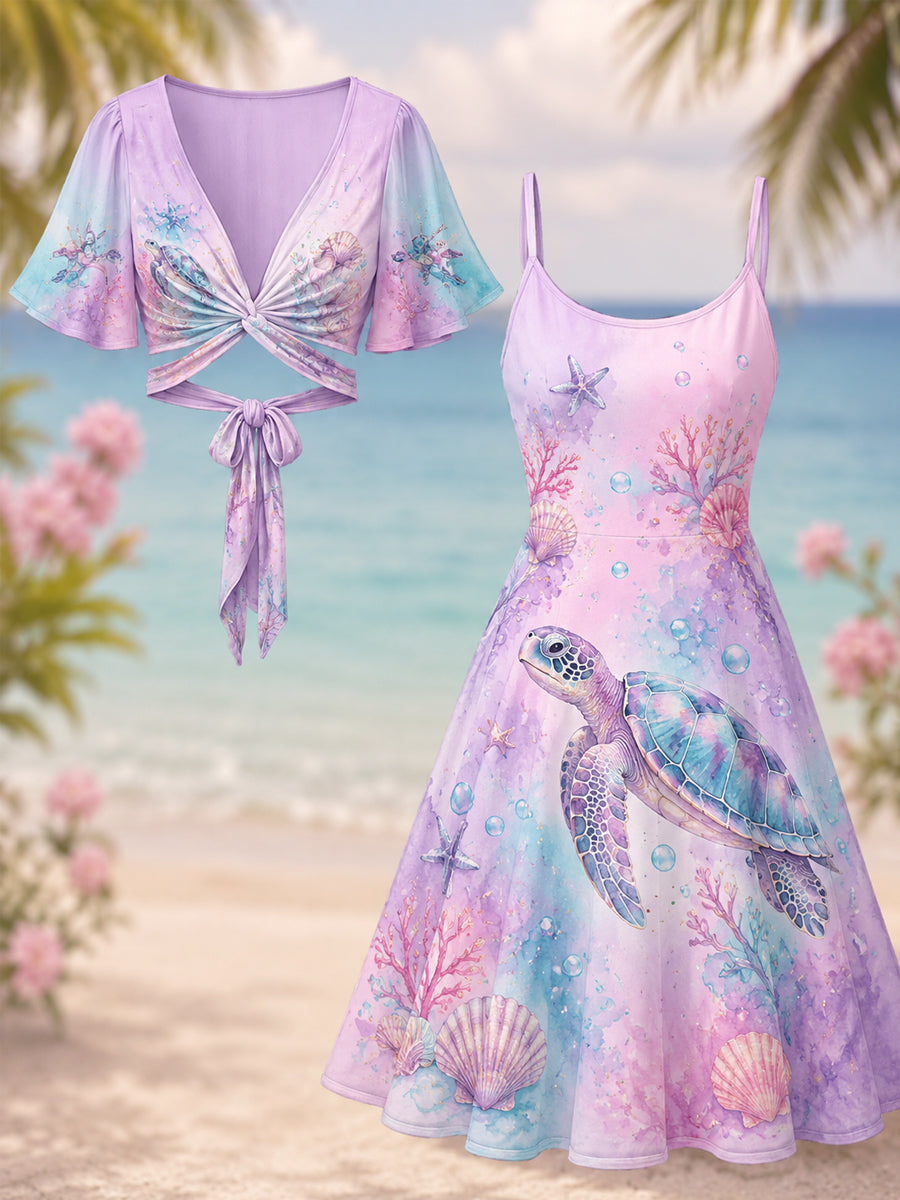 Women's Sea Turtle Print Slip Dress Two Piece Set