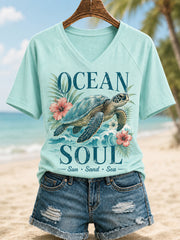 Women's Sea Turtle Print Casual V-Neck Tee
