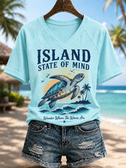 Women's Sea Turtle Print Casual V-Neck Tee