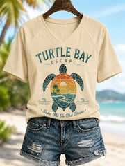 Women's Sea Turtle Print Casual V-Neck Tee
