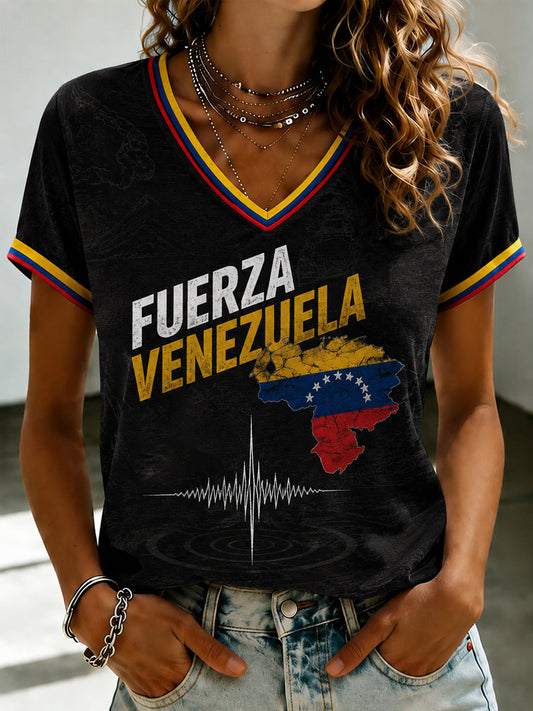 Women's FUERZA VENEZUELA Printed V-neck T-shirt