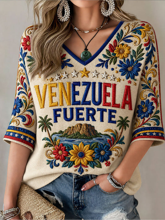 Women's Venezuela Fuerte Mid-length Sleeves V-Neck T-Shirt